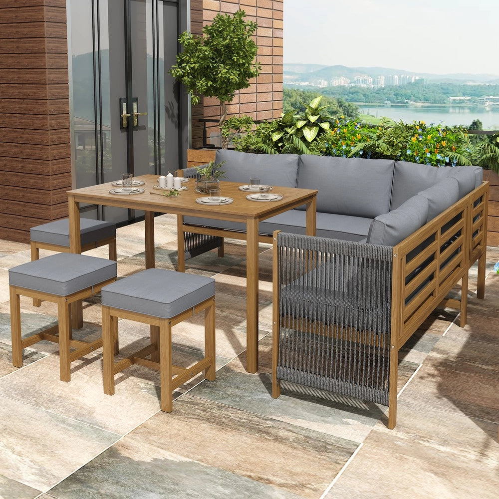 Set da giardino per 7-8 persone - Zephmum - Divano angolare, 3 sgabelli, tavolo, cuscini, polirattan, colore grigio+naturale