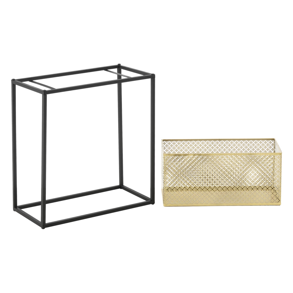 Set di 2 Portavasi in Metallo di Forma Rettangolare Supporto Nero per Piante con Coprivaso in Color Ottone in 2 Misure Diverse