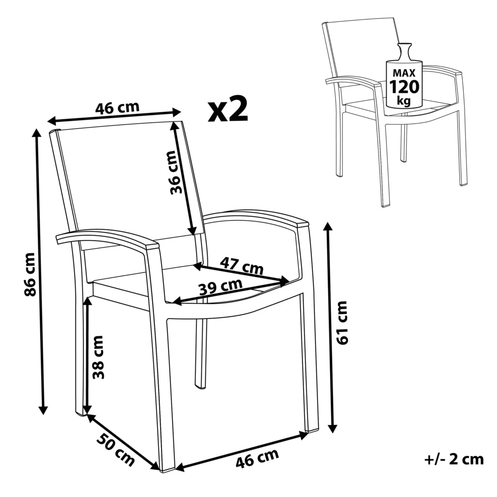 Set di 2 sedie da giardino con struttura in alluminio grigio e bianco resistente agli agenti atmosferici
