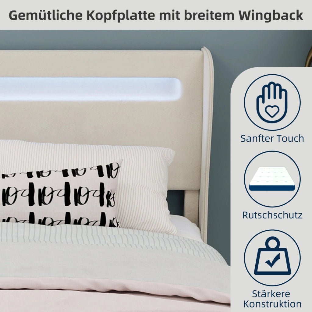 Letto Matrimoniale 140x200 cm; LED Regolabile e Schienale Regolabile in Tessuto - Beige