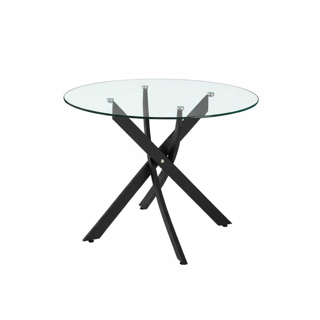 Tavolo da pranzo tondo fisso Peyton con piano in vetro temperato e gambe nere 100x100 cm.