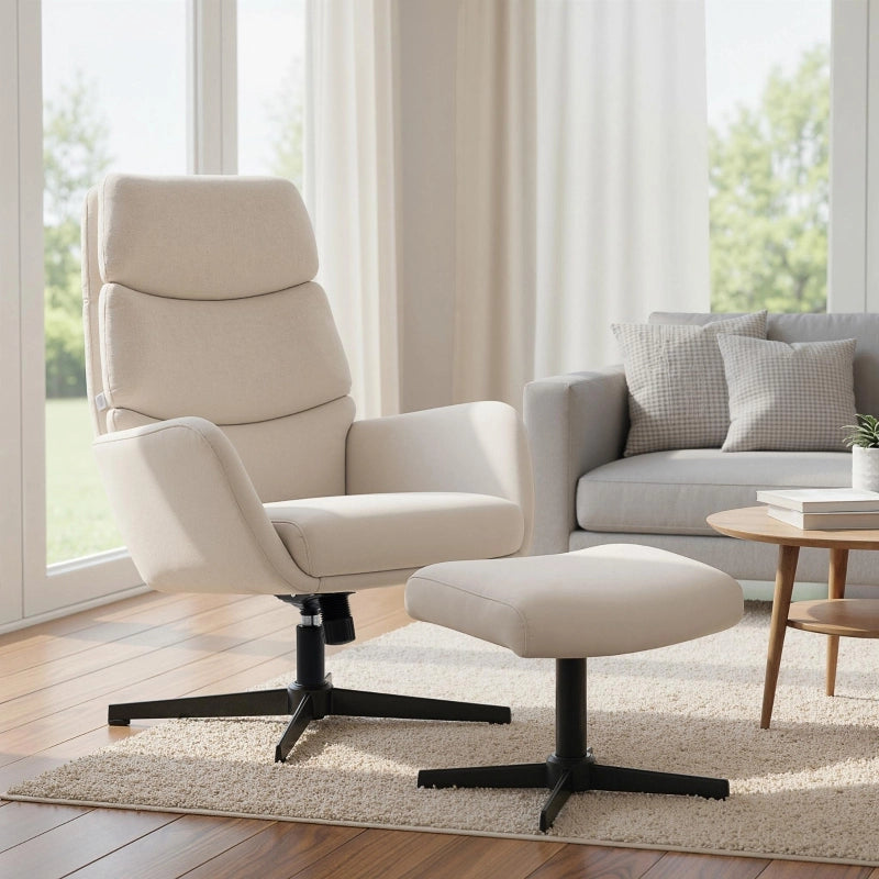 POLTRONA con poggiapiedi, schienale alto, base in metallo, beige