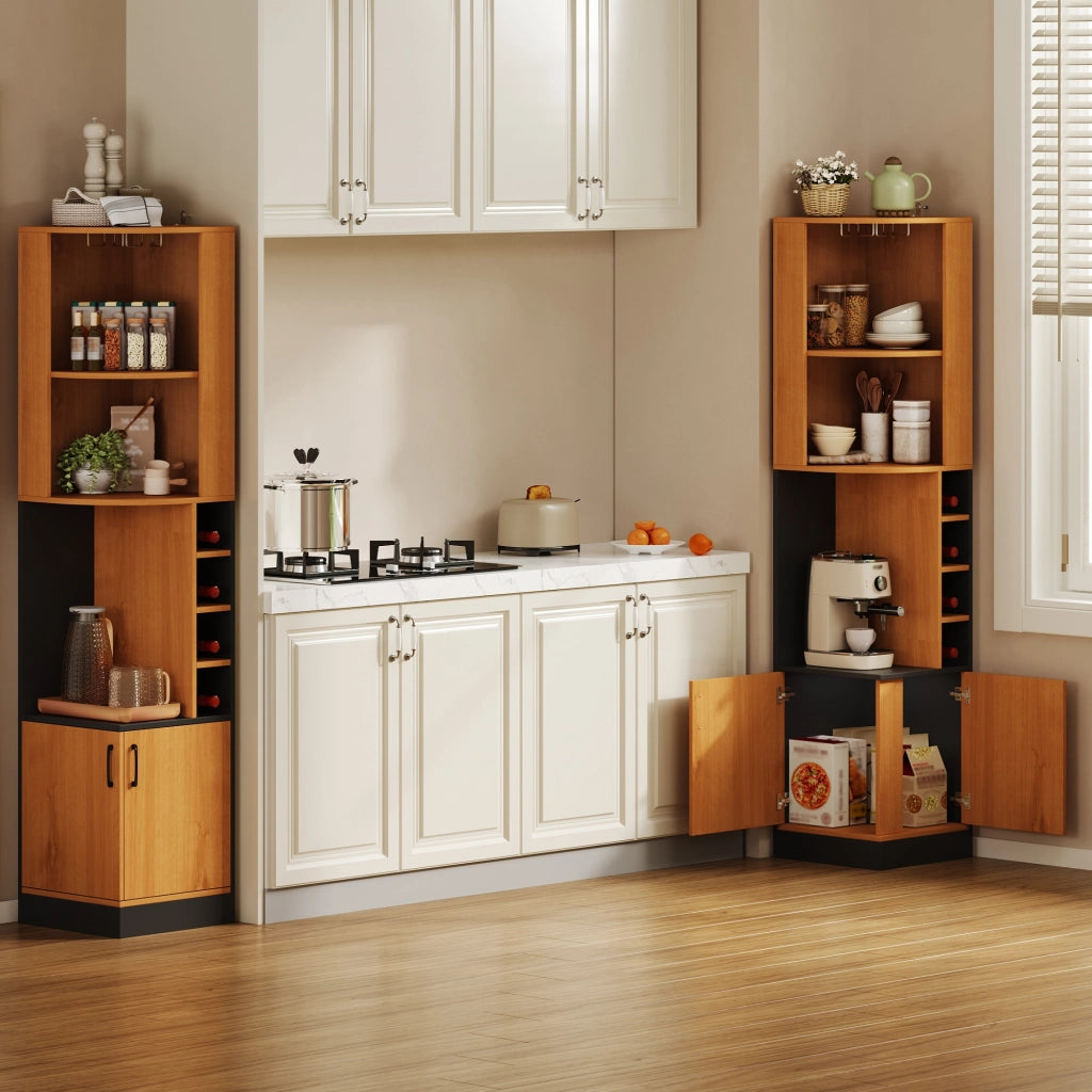 Mobile bar ad angolo con portabicchieri e 4 vani portabottiglie; ripiani aperti e armadietto; MDF naturale; 40 × 40 × 182 cm