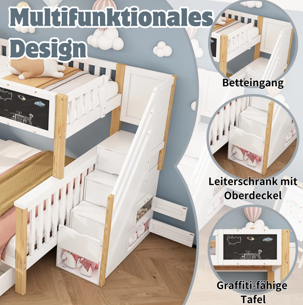 Letto a castello per bambini con lavagna e cassetti 90/140x200 cm; bianco e rovere chiaro in legno massiccio