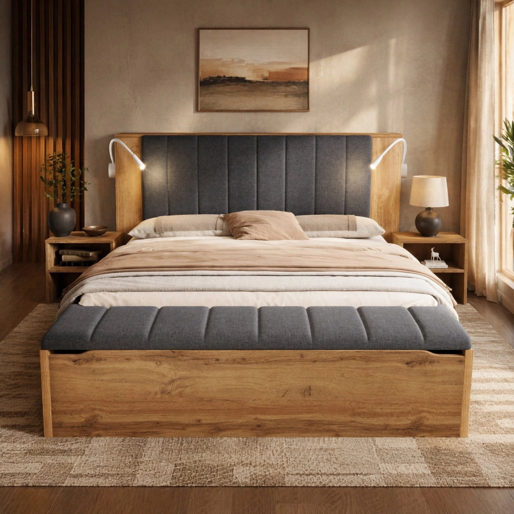 Letto matrimoniale 180x200 cm con comodini, panca e luci USB
