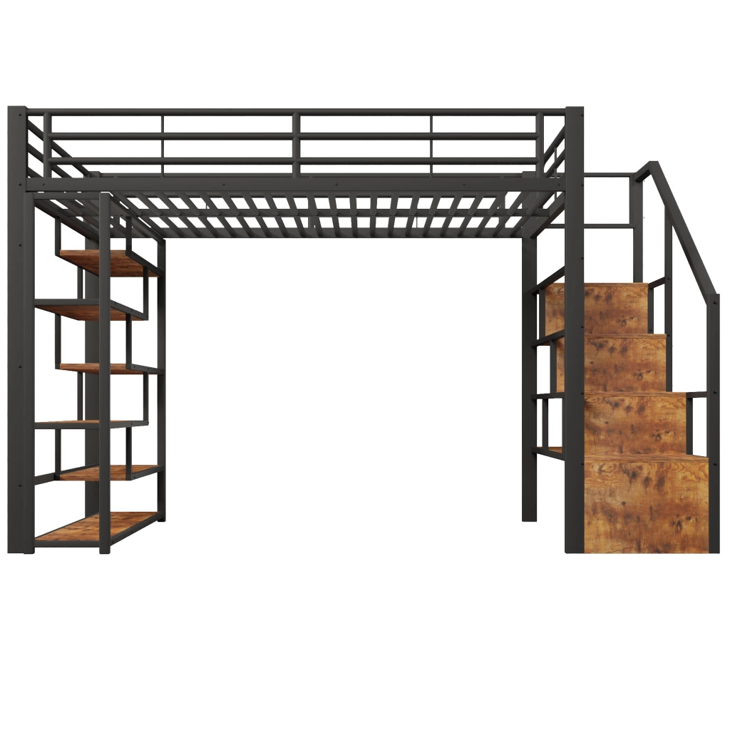 Letto a soppalco 140x200 cm in metallo e MDF con scala integrata; LED e scaffali; nero