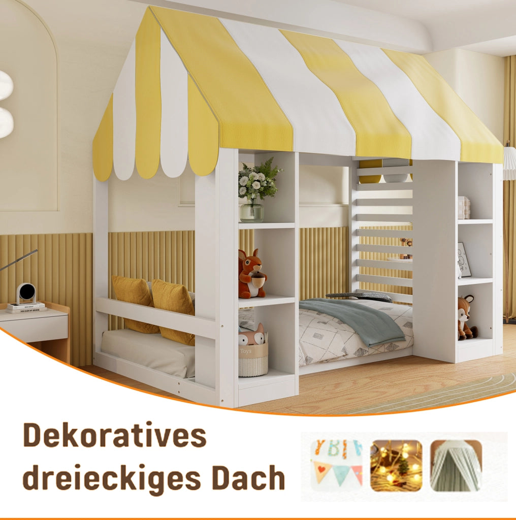 Letto per bambini in stile cottage con baldacchino e vani portaoggetti aperti 90x200 cm; bianco