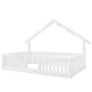 Letto Casetta 90x200 cm per Bambini; con Sponda di Sicurezza e LED; in Legno; Bianco