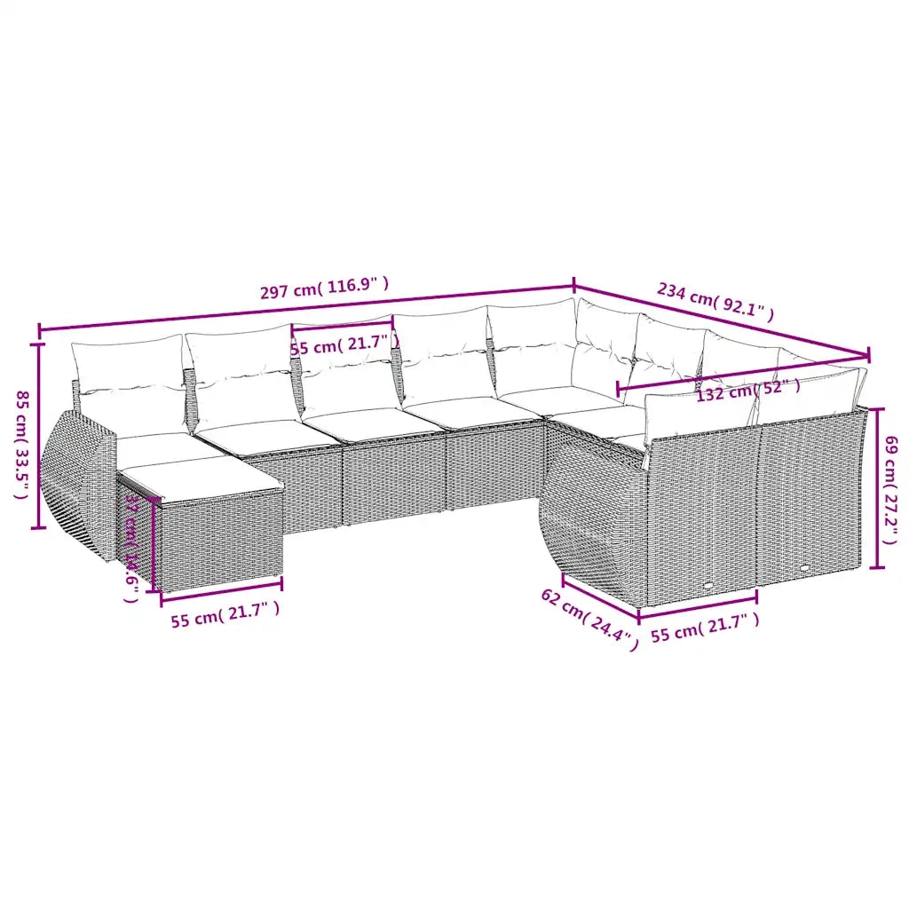 Set Divani da Giardino 10 pz con Cuscini Grigio in Polyrattan 3225172