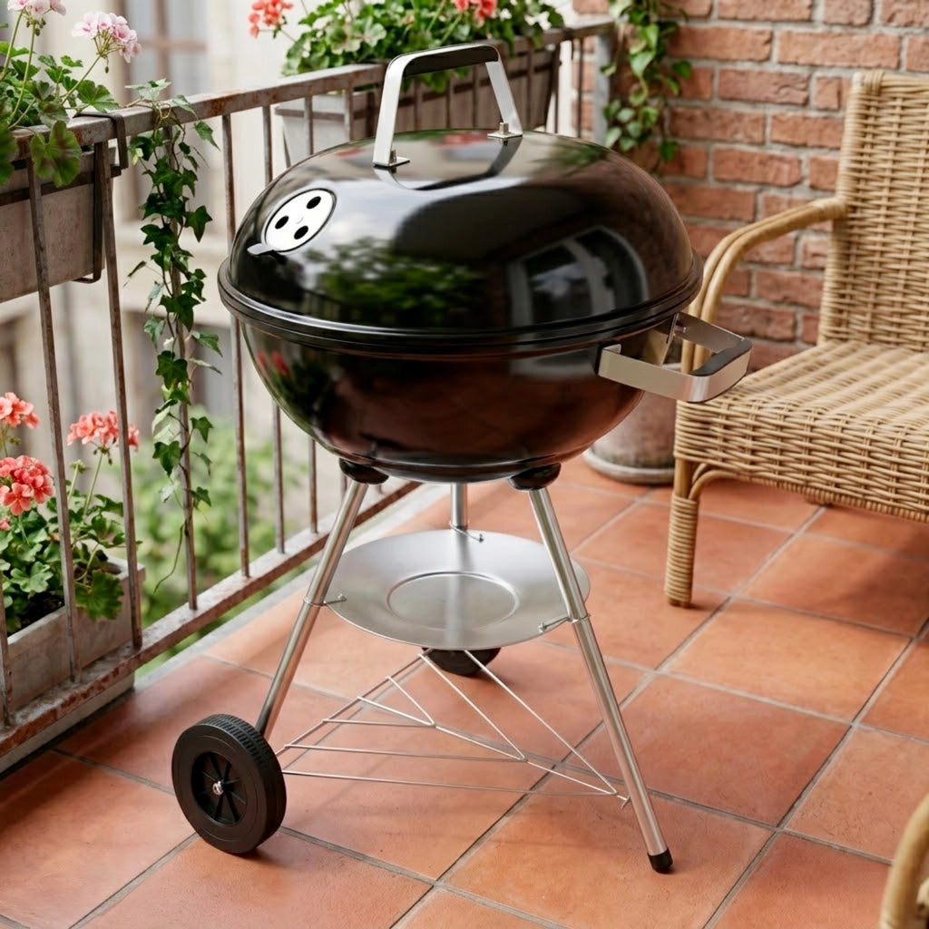 Barbecue A Carbone Con Coperchio Griglia In Acciaio Cromato Ruote Per Trasporto Facile Da Montare Per Giardino Campeggio E Terrazza 51 x 46.5 x 78 Cm Nero