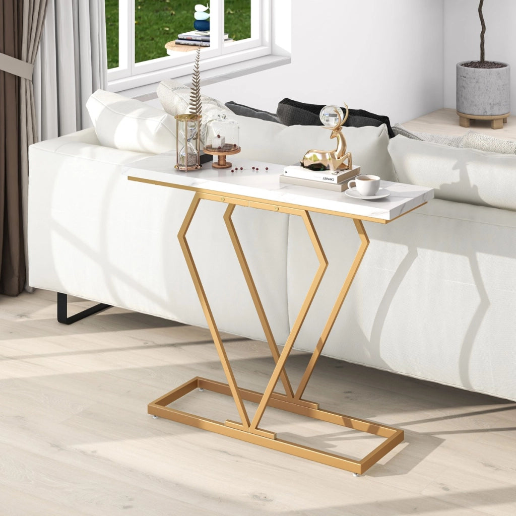 Consolle oro in finto marmo con telaio geometrico a forma di diamante, Tavolo stretto da ingresso da 100cm Bianco-Consolle