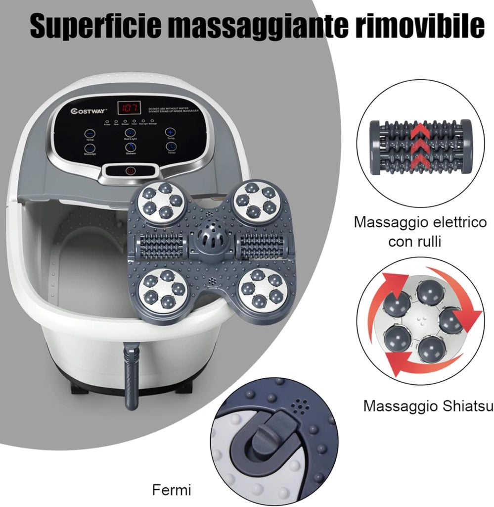 Idromassaggio per Piedi, Pediluvio Massaggiatore Plantare Massaggio Shiatsu, con Funzione Calore Timer e Rulli Luce a Infrarossi, Idromassaggiatore 15L (Grigio)