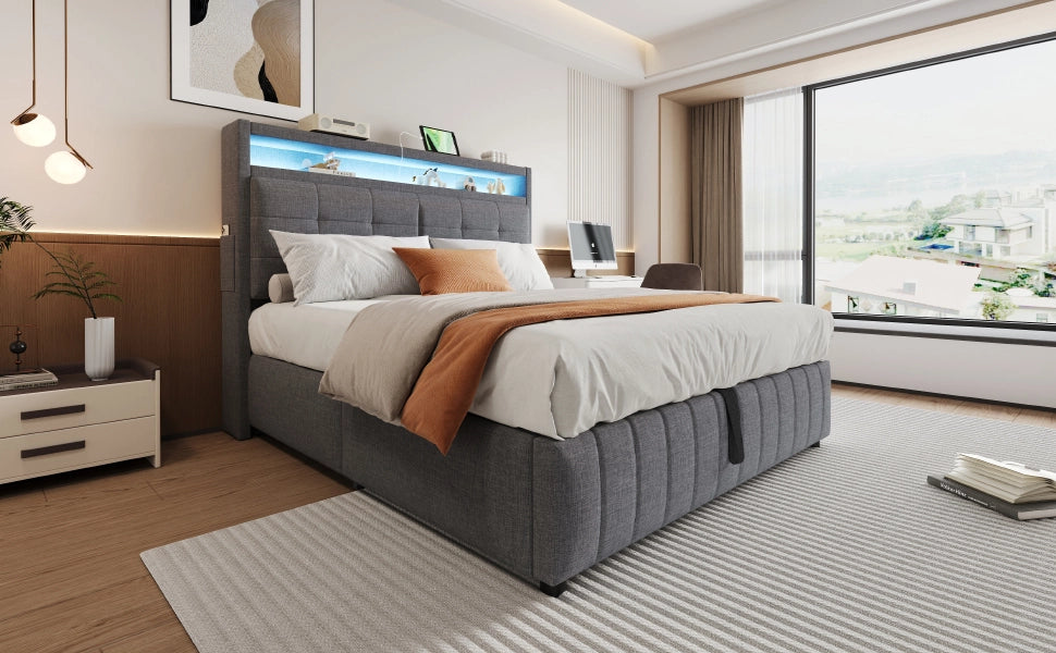 DESMIU Lit coffre 160 × 200 cm 2 posti con LED, USB, vano idraulico, senza materasso, in lino grigio