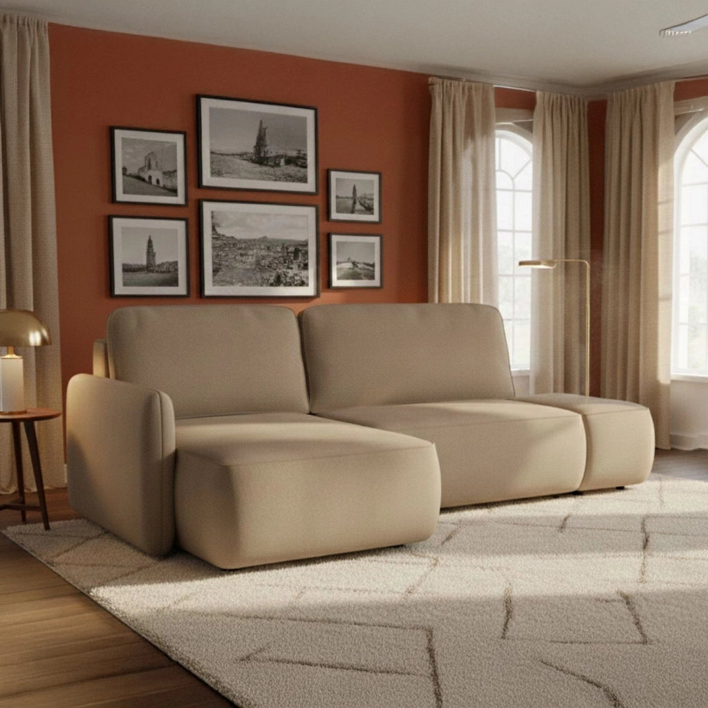 Rezzo, Divano Letto con Penisola Contenitore, 229x148 cm Beige