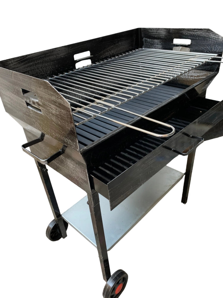 Barbecue a Legna e Carbonella in Ferro, con Ruote, Regolabile su 2 Altezze, Griglia in Acciaio, Ripiano poggia utensili 70x38 cm
