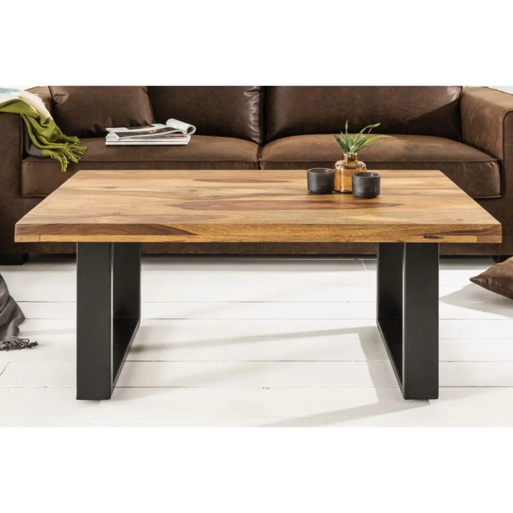 Tavolino basso LODEN 100 cm in legno massiccio di Sheesham e metallo nero – stile industriale