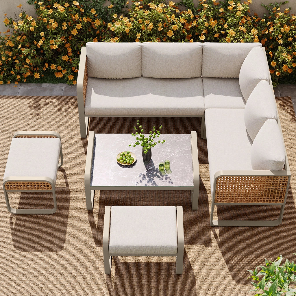 Set giardino rattan 6-7 persone: Divanooo angolare; ferro zincato; piedini regolabili; cuscini inclusi; beige