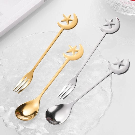 4 cucchiai in acciaio inossidabile con disegno stellato e lunare, mini-cucchiai per espresso per mescolare, unire e servire a te, dessert e in ristoranti