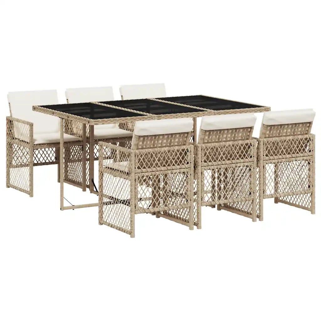 Set da Pranzo da Giardino 7 pz con Cuscini Beige in Polyrattan 3210730