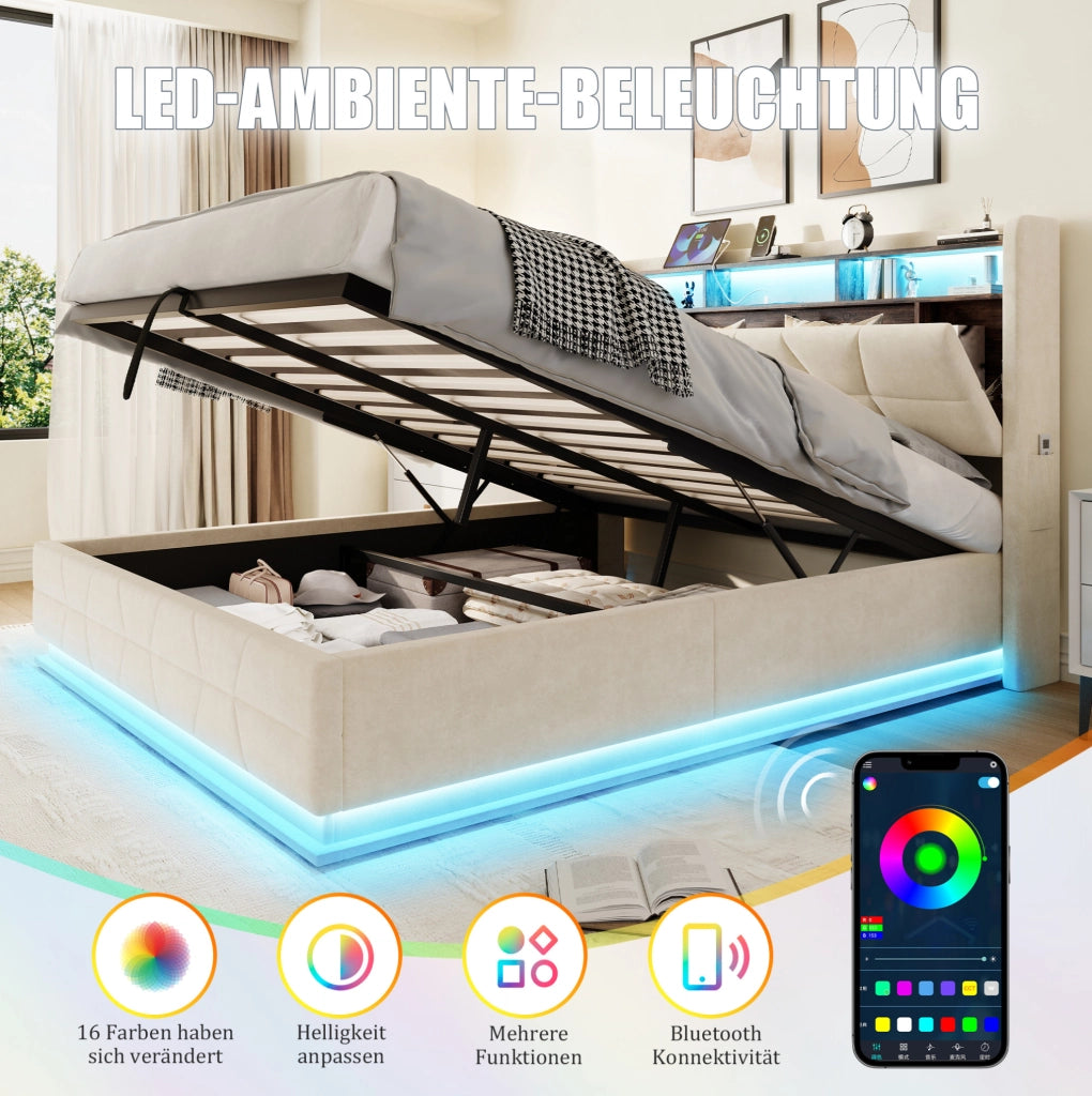 Letto matrimoniale 140x200 cm in velluto beige con LED; contenitore nella testiera e presa USB Type-C