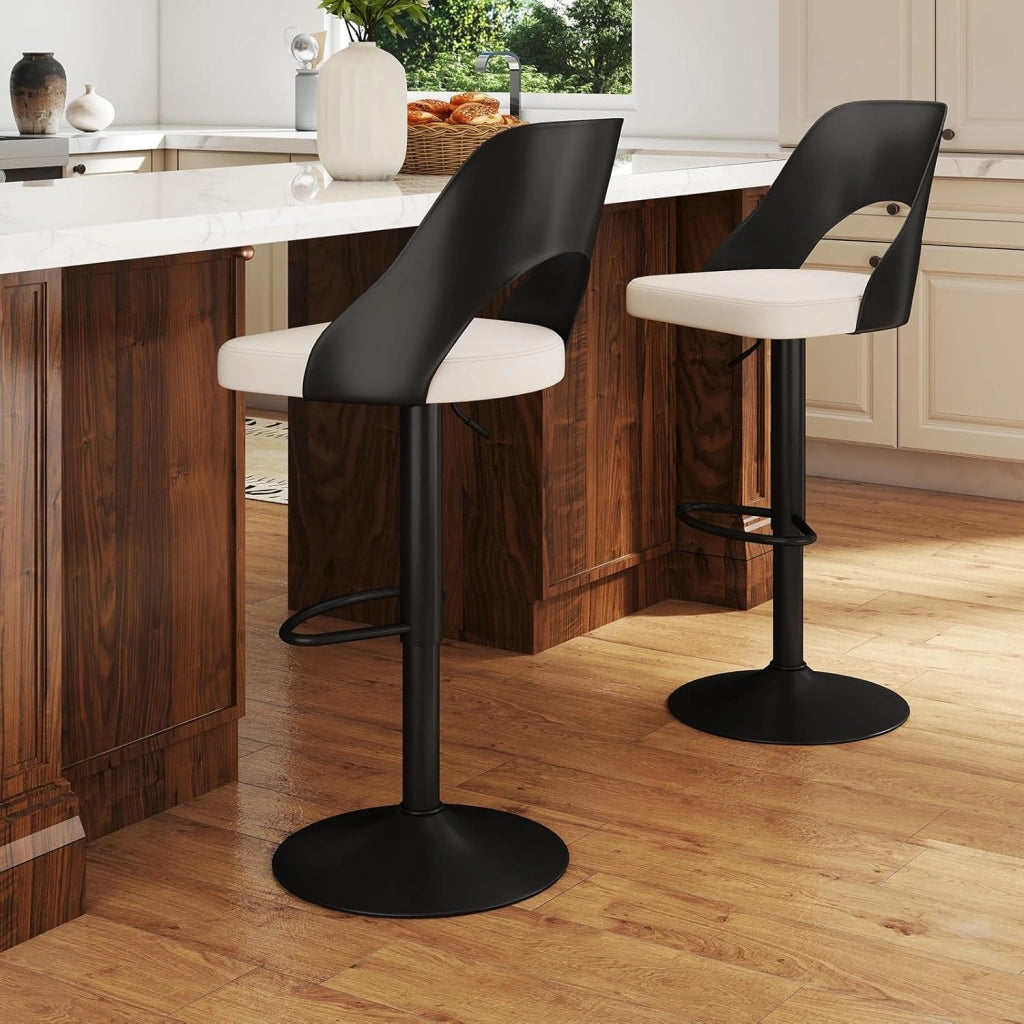 Set di 2 Sedie da Bar, Sedie Ergonomiche senza Braccioli ad Altezza Regolabile con Poggiapiedi, Base in Metallo, Anello di Gomma Antiscivolo, Schienale Avvolgente (Bianco+Nero)