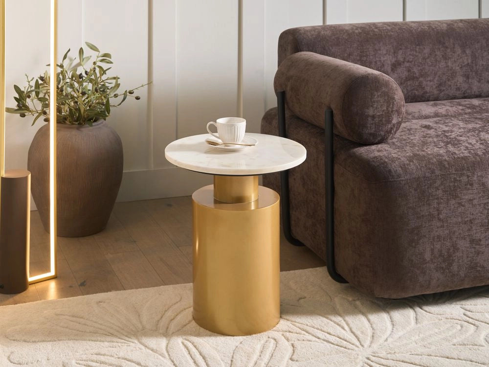Tavolino moderno rotondo forma geometrica piano in pietra base in metallo bianco e oro soggiorno elegante