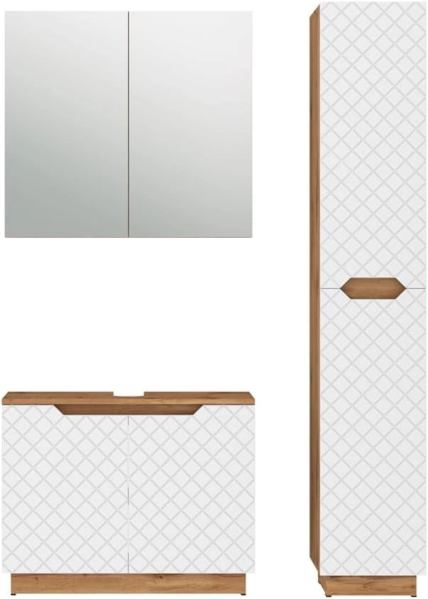 Set di mobili da bagno Lotta, Rovere/bianco con struttura in piastrelle, 3 parti