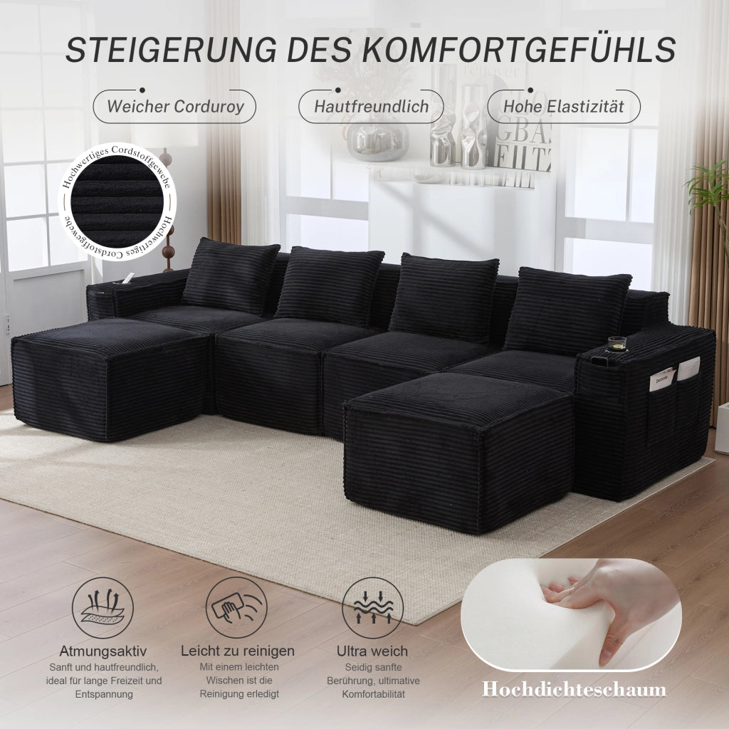 DIVANO MODULARE 4 POSTI 330x162x75 cm Velluto a coste Nero con 2 pouf