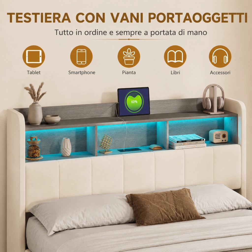 Letto matrimoniale contenitore idraulico 160x200 cm, rivestimento velluto beige, testiera con vani, LED RGB, porte USB‑A e USB‑C, capacità 350kg