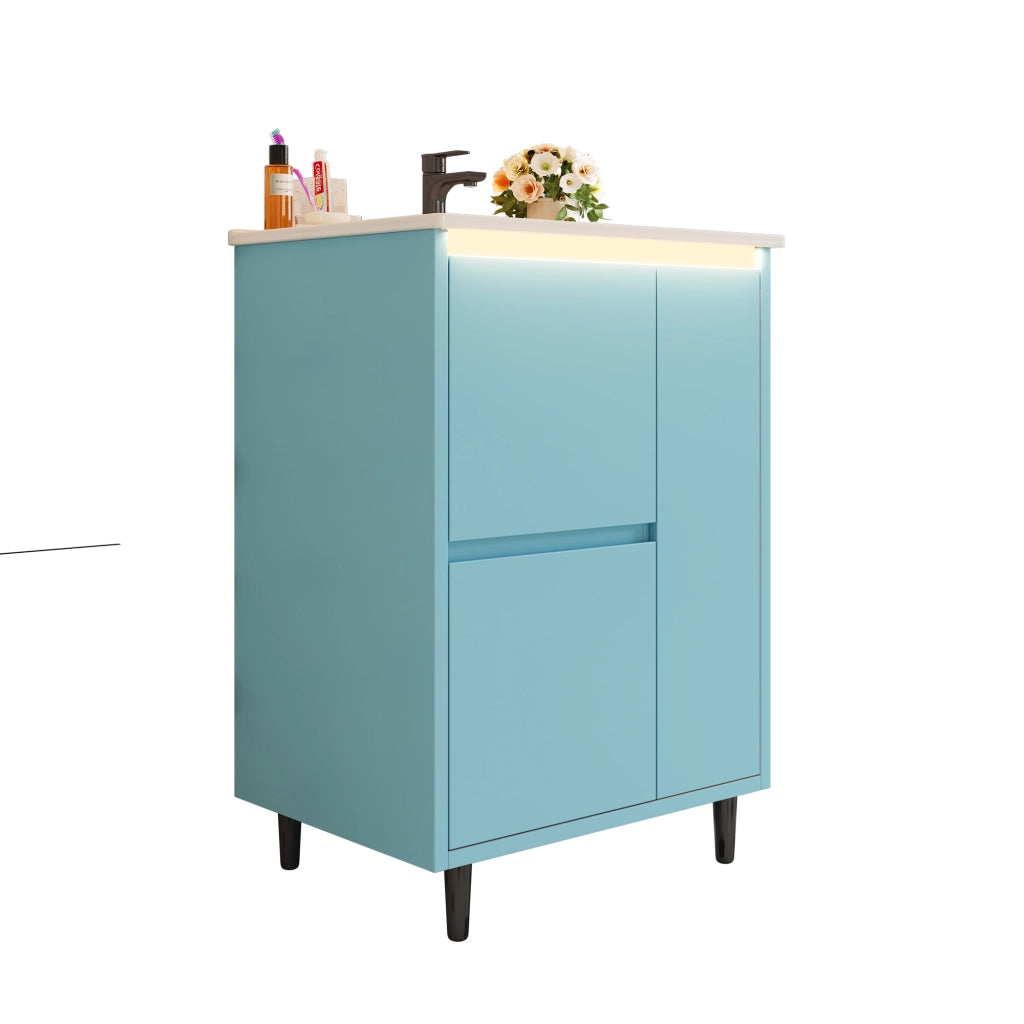 Mobile lavabo bagno freestanding blu 61 x 46,5 x 87 cm con lavandino in ceramica integrato, 2 cassetti e anta a chiusura rallentata
