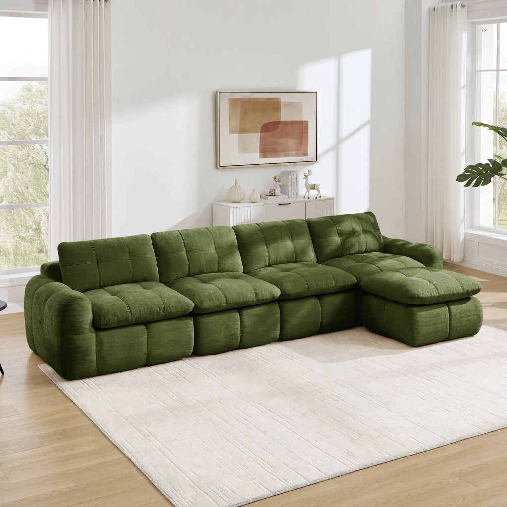 Divano modulare angolare 4 posti con pouf design trapuntato seduta ampia e profonda ergonomica in chenille verde 334 × 160 × 68 cm