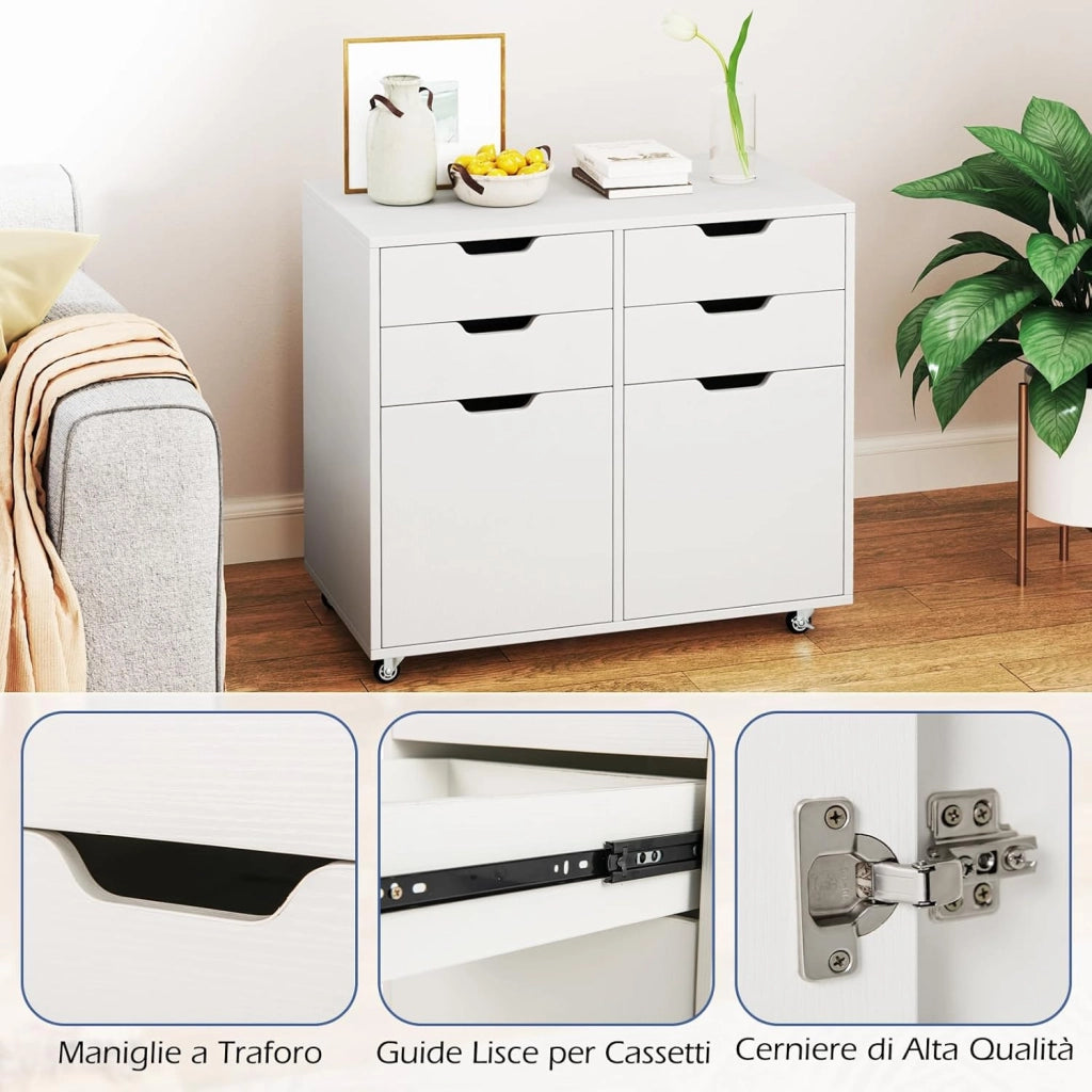 Cassettiera da Ufficio con 4 Cassetti e 2 Ante, Armadietto da Studio in Legno con 5 Ruote Universali, Mobile Porta Stampante Salvaspazio, per Soggiorno, 73 x 40 x 64,5 cm, Bianco (Bianco)
