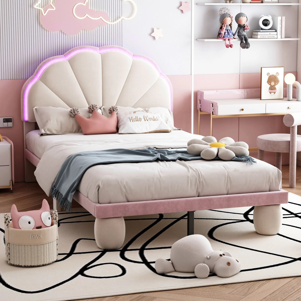Letto singolo imbottito per bambini LED beige e rosa 90x200 cm