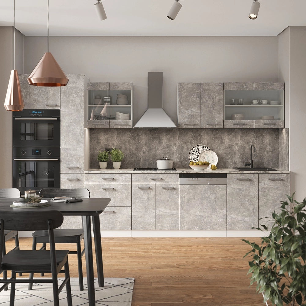 Cucina componibile R-Line Calcestruzzo/Bianco 350 cm con armadio alto, senza piano di lavoro Vicco