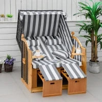Sedia da Spiaggia con Poggiapiedi con Tavolini Pieghevoli e Cuscini, Mobili da Esterno, Naturale, Grigio e Bianco