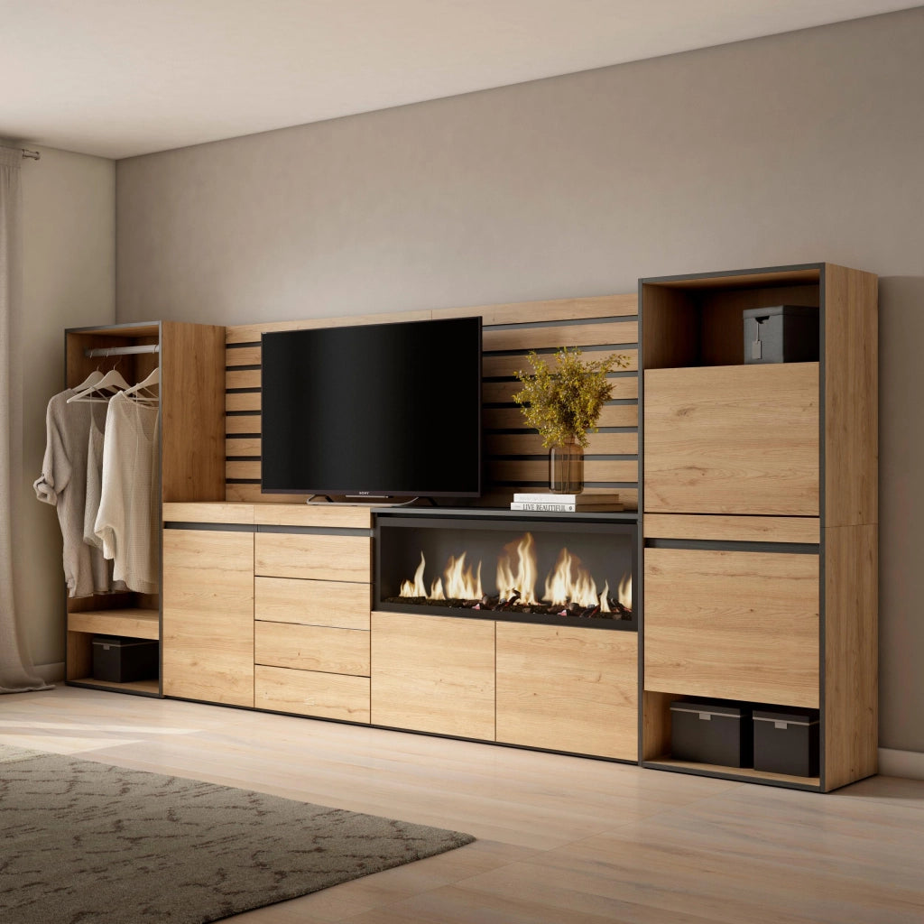Credenza, 334x35x145cm, Camera da letto, Camino elettrico XXL, Cassettiera, Scarpiera, Armadio Aperto, colore Rovere RF3400