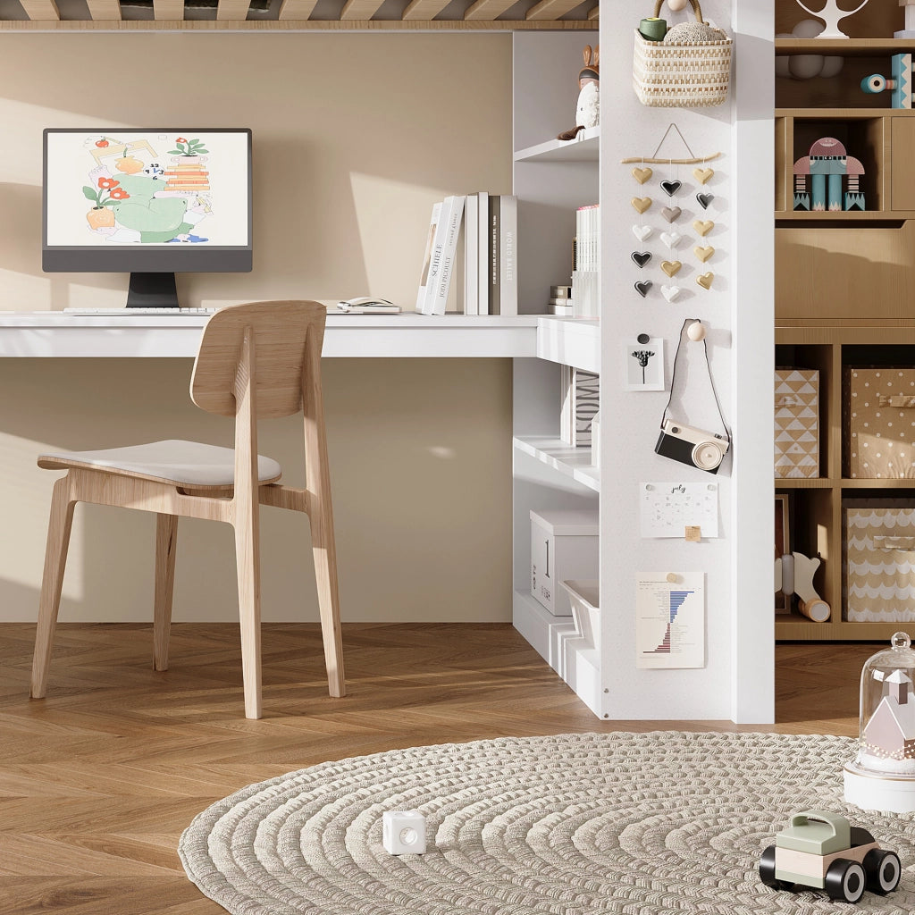 OKWISH Letto a Soppalco 90×200 cm, Letto Singolo con Mensola, Pannello in Feltro e Scala Inclinata, senza Materasso, Bianco