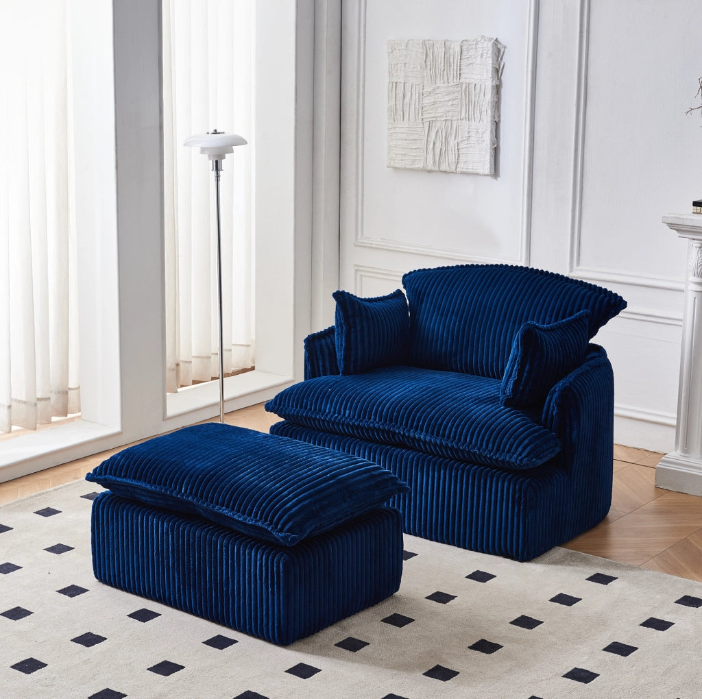 Poltrona con pouf 115x89x77 cm blu in tessuto morbido， compatta e senza montaggio