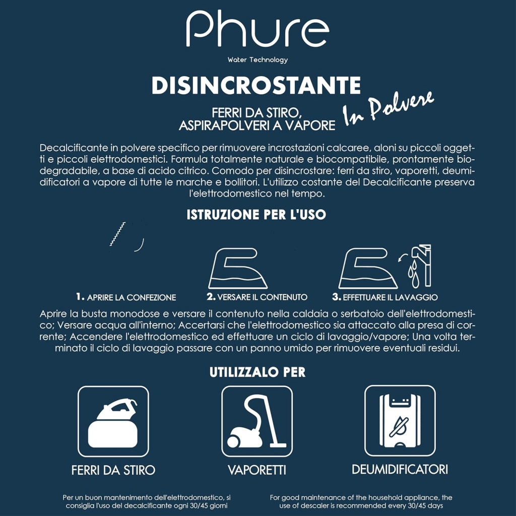 PHURE Decalcificante per Ferri da stiro, Aspirapolveri, Deumidificatori in Polvere Monodose, piccoli elettrodomestici, compatibile con tutte le marche 100% Biodegradabile, ECO Made in Italy, 4 Lavaggi