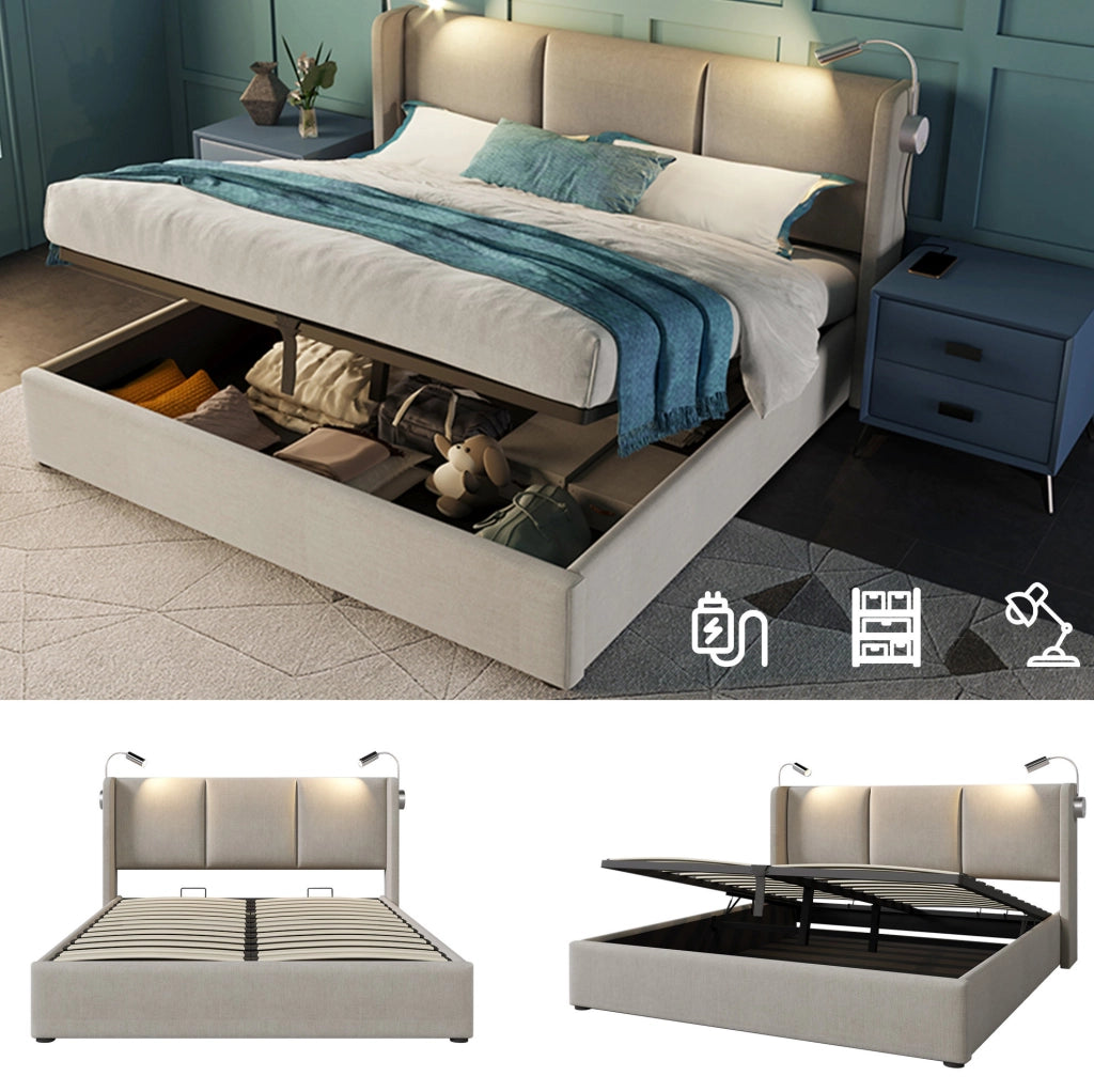 Letto matrimoniale imbottito 160x200 cm con contenitore; luce da lettura e USB; beige