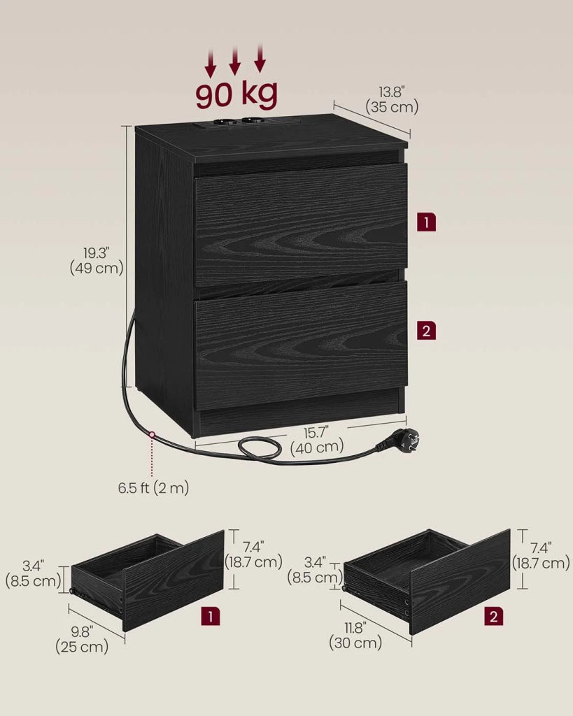 Comodino con multipresa tavolino con 2 cassetti 2 prese CA 2 porte USB-A per soggiorno camera da letto ufficio moderno nero 12_0007606