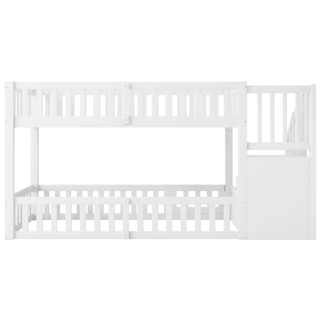 Letto a castello basso 90x200 cm con scala e spazio contenitore; bianco
