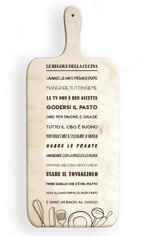TAGLIERE DA CUCINA BIANCO IN MISURA 15X37 CM CON TEMA E SCRITTA LE REGOLE DELLA CUCINA COLOR LEGNO
