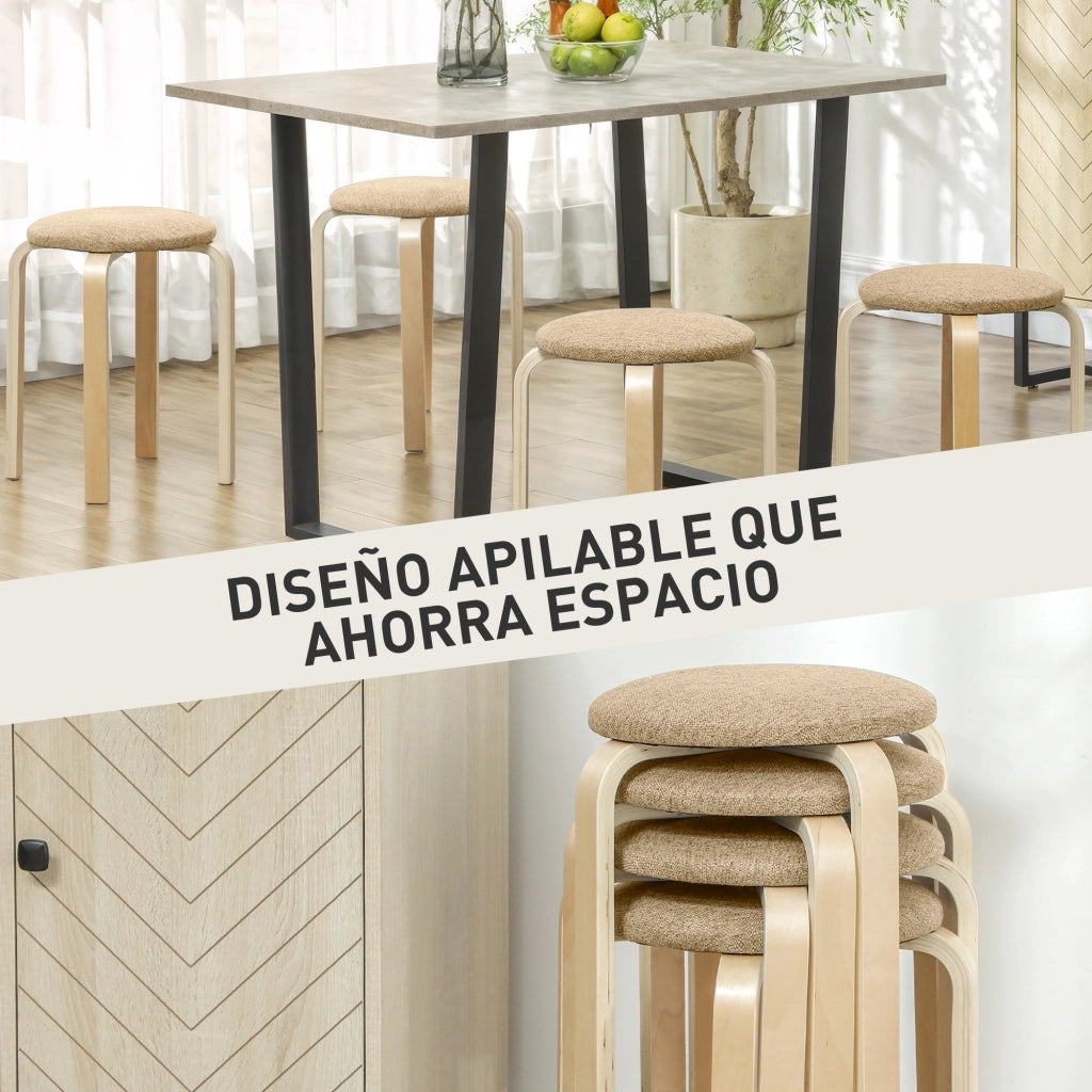 Set 4 Sgabelli Rotondi Impilabili ¨C Xylo ¨C Seduta Imbottita Legno Cucina Beige