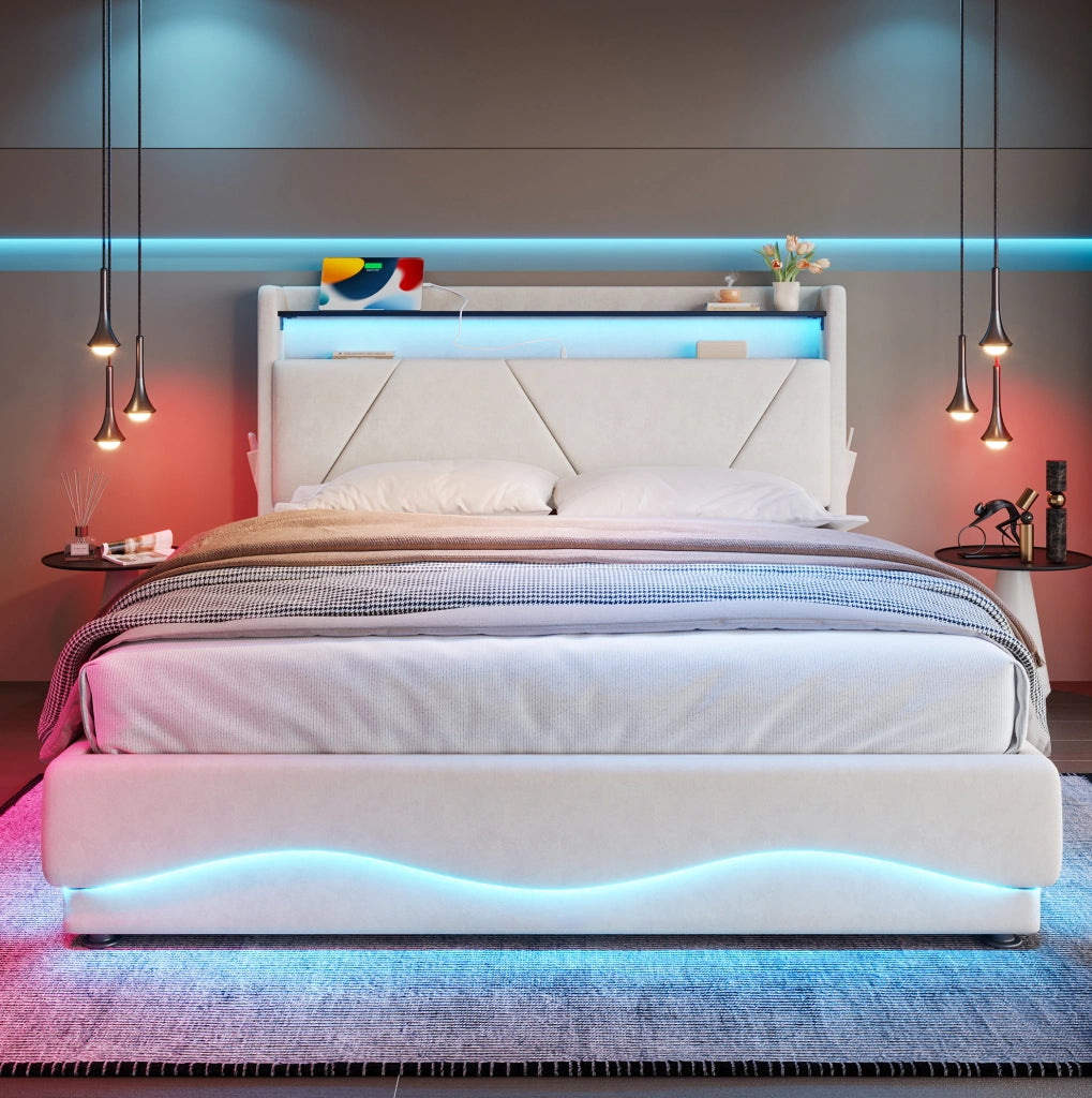 Letto matrimoniale 160x200 cm in velluto beige con LED e USB