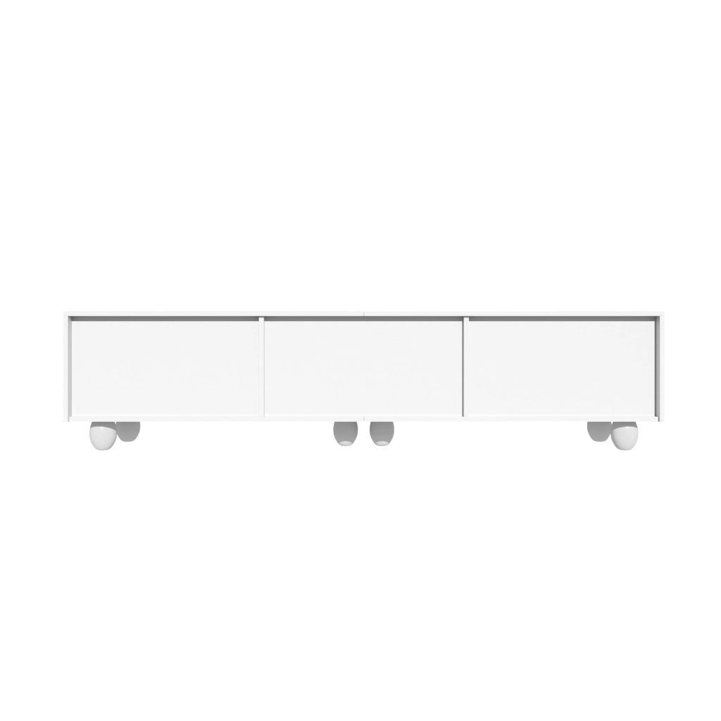 Mobile TV bianco 180 cm con gambe in legno e ampio spazio contenitore