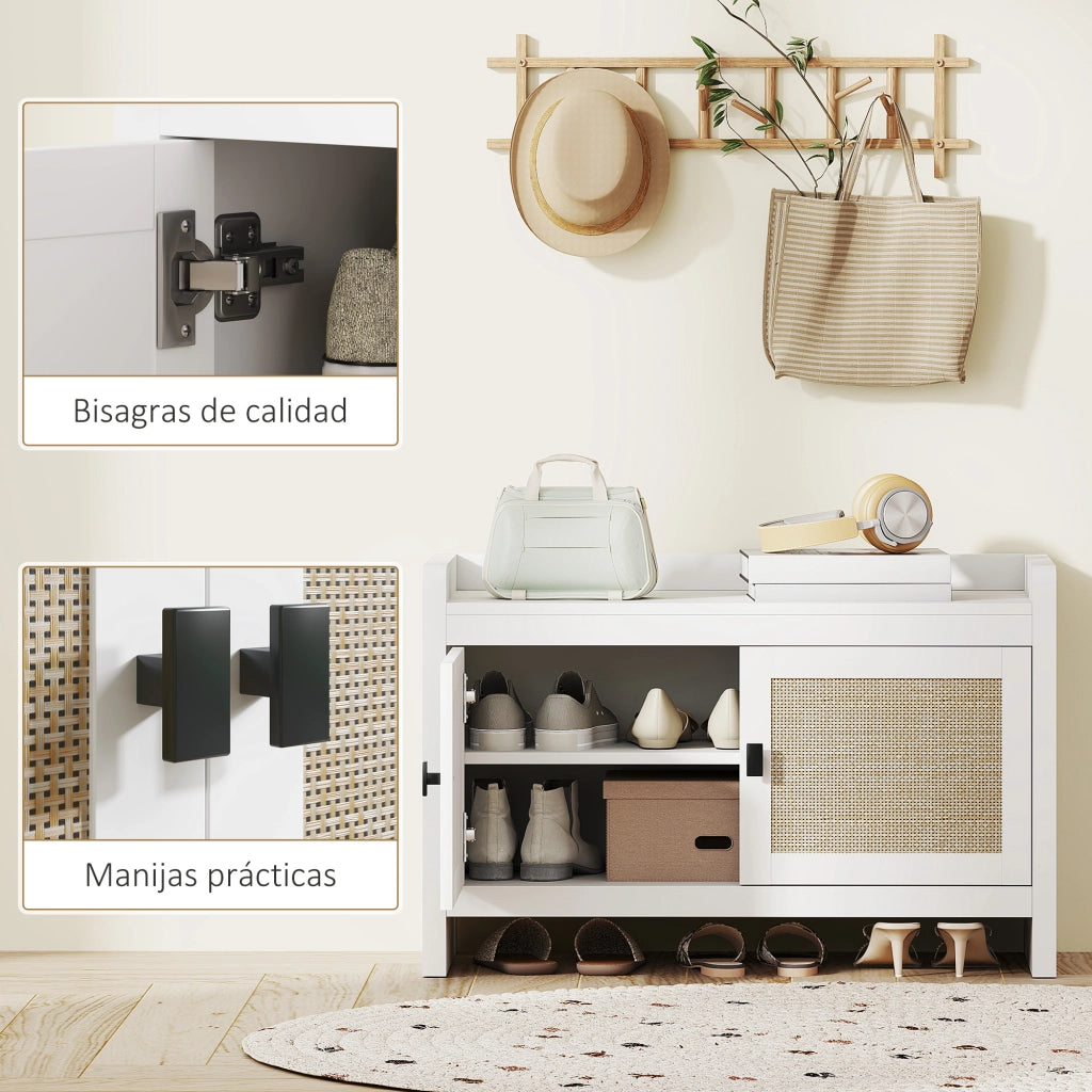 Scarpiera con Cassetti e Ripiano Estraibile in Rattan ¨C Zephmum ¨C Bianco e Beige 80x35x52 cm
