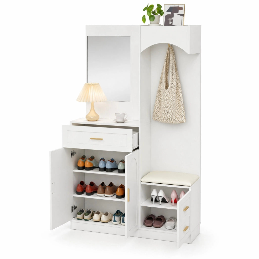 Guardaroba da ingresso con scarpiera specchio cassetti e ripiani regolabili bianco 110 × 33 × 185.5 cm
