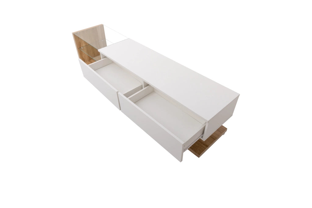Mobile porta tv con due cassetti e due ripiani in vetro, LED regolabile via app, bianco lucido e legno, 170 × 36 × 38 cm