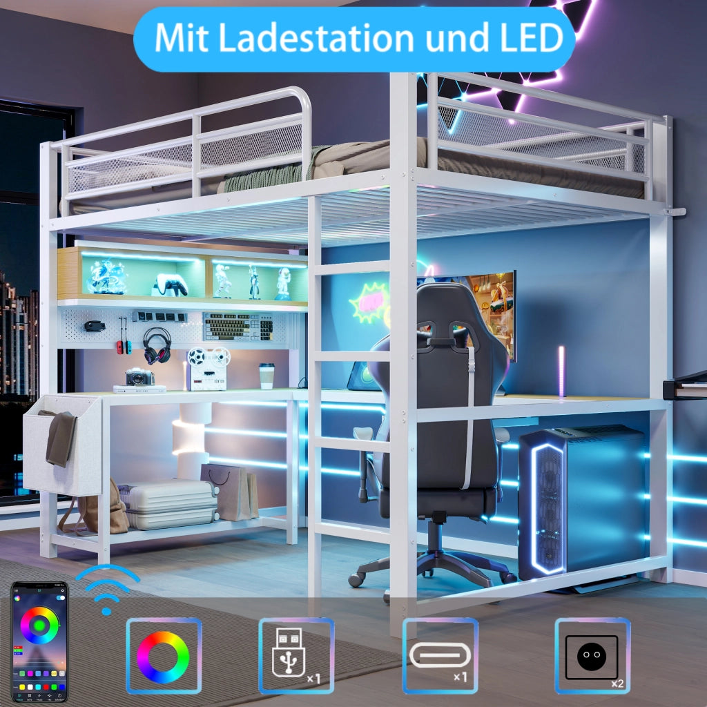DESMIU Letto a soppalco 140 × 200 cm con scrivania, LED, prese USB, senza materasso, bianco